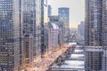 Modern waterfront skyscrapers along Chicago river at sunset Royalty Free Stock Photo