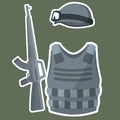 Modern weapons and armor of a soldier. Military helmet, bulletproof vest, rifle for shooting.