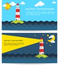 Modern weather background with lighthouse, sun, moon and clouds