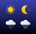 Modern weather icons set. Flat vector symbols on dark background. Sun, moon, stars, clouds, rain, snow Royalty Free Stock Photo