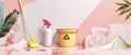 Modern web banner concept showing yellow caution wet floor sign, red plastic bucket, mop, latex gloves. Modern Royalty Free Stock Photo