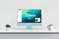 Modern web design studio with computer display showcasing site creation editor