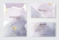 Modern wedding invitation alcohol ink design. Vector set on watercolor ink splash ink violet grey colors. Purple acrylic