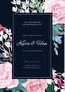 Modern wedding invitation with a bouquet of roses, leaves and spring plants. Elegant vertical card template. Vector