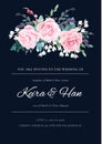 Modern wedding invitation with a bouquet of roses, leaves and spring plants. Elegant vertical card template. Vector