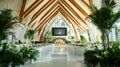 Elegant Wedding Ceremony, Reception Hall with Long Tables, Tropical Plants, and Large Screen Royalty Free Stock Photo