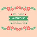 Modern welcome spring greeting card design, with elegant of leaf and red wreath frame. Vector