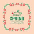 Modern welcome spring greeting card design, with elegant of leaf and red wreath frame. Vector