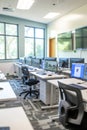 Modern, well-lit computer lab with multiple workstations. Royalty Free Stock Photo