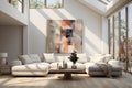 A modern, well-lit living room with stylish furniture and a large abstract painting