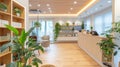 Modern wellness clinic reception with green plants. Natural light-filled spa lobby with a calming atmosphere. Concept of Royalty Free Stock Photo