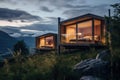 Modern wellness retreat in the mountains, wooden cabins