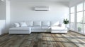 Modern white air conditioner purifier mockup in bright living room with home plants