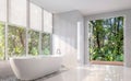 Modern white bath room with open door to nature 3d render Royalty Free Stock Photo