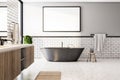 Modern white bathroom interior with blank poster on wall Royalty Free Stock Photo