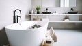 Modern White Bathroom Interior Design. Contemporary Apartment Concept Front View Stylish Room, Elegant Bathtub Counter. Generative Royalty Free Stock Photo