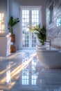 Modern white bathroom interior with freestanding tub double sink and potted plant Royalty Free Stock Photo