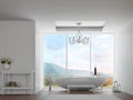 Modern white bathroom with mountain view 3d rendering image Royalty Free Stock Photo