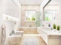 Modern white bathroom with bath and window.