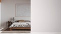 Modern white bedroom with double bed on a foreground wall, interior design architecture idea, concept with copy space, blank Royalty Free Stock Photo