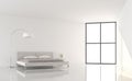 Minimal style modern white bedroom with gray fabric bed 3d render Royalty Free Stock Photo