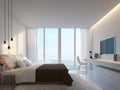 Modern white bedroom with sea view 3d rendering Royalty Free Stock Photo
