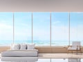 Modern white bedroom with sea view 3d rendering image.There are large window overlooks to sea view. Royalty Free Stock Photo