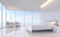 Modern white bedroom with sea view 3d rendering image. Royalty Free Stock Photo
