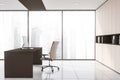 Modern white and beige panoramic CEO office, side view Royalty Free Stock Photo