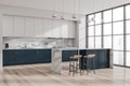 Modern white and blue kitchen. Corner view Royalty Free Stock Photo