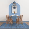Modern white, blue and wooden dining room with table set and vintage scandinavian chair, empty space with carpet, door, mirror and