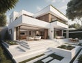 modern white and brown terrace design with a very beautiful small garden