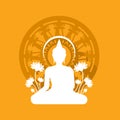 Modern White Buddha meditated sign and lotus flower around on dharmachakra wheel of dhamma in yellow background flat style vector