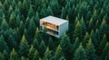 a modern white building nestled amidst a serene coniferous forest.