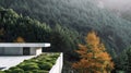 a modern white building nestled amidst a serene coniferous forest.