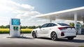 Modern white car parked in front of hydrogen refuelling station. Generative AI