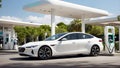 Modern white car parked in front of hydrogen refuelling station. Generative AI