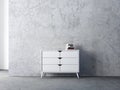 Modern white commode mockup in empty living room with concrete wall