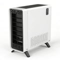 Modern white computer tower case with black vents and stand for gaming or workstations Royalty Free Stock Photo