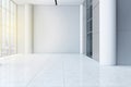 Modern white concrete business center hall interior with empty mock up place on wall, windows and bright city view. Royalty Free Stock Photo
