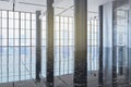 Modern white concrete business center hall interior with reflections, windows and bright city view. Royalty Free Stock Photo