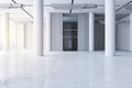 Modern white concrete business center hall interior with windows and bright city view. Royalty Free Stock Photo