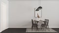 Modern white and dark wooden dining room with table set and vintage scandinavian chair, empty space with carpet, door, mirror and