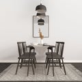 Modern white and dark wooden dining room with table set and vintage scandinavian chair, empty space with carpet, door, mirror and Royalty Free Stock Photo