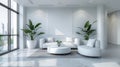 Modern white designer sofa in middle of minimalistic living room with high ceiling, futuristic chair, green plant. Royalty Free Stock Photo