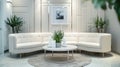 Modern white designer sofa in middle of minimalistic living room with high ceiling, futuristic chair, green plant. Royalty Free Stock Photo