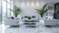 Modern white designer sofa in middle of minimalistic living room with high ceiling, futuristic chair, green plant. Royalty Free Stock Photo