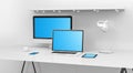 Modern white desk interior with computer and devices 3D renderin