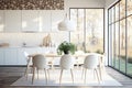 modern white dining room and kitchen with a nature view. Generative AI. Royalty Free Stock Photo