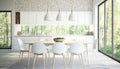 modern white dining room and kitchen with a nature view. Glazed kitchen apron. 3d rendering. Generative AI.